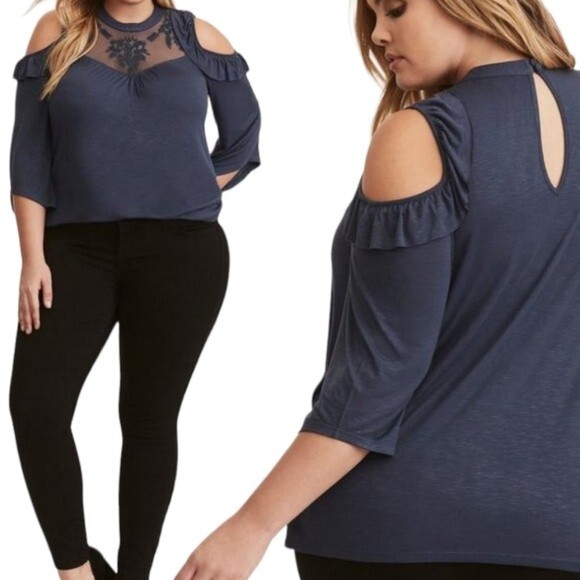 Torrid Blue Cold Shoulder Top W Lace Neck - 1X - Picture 2 of 11
